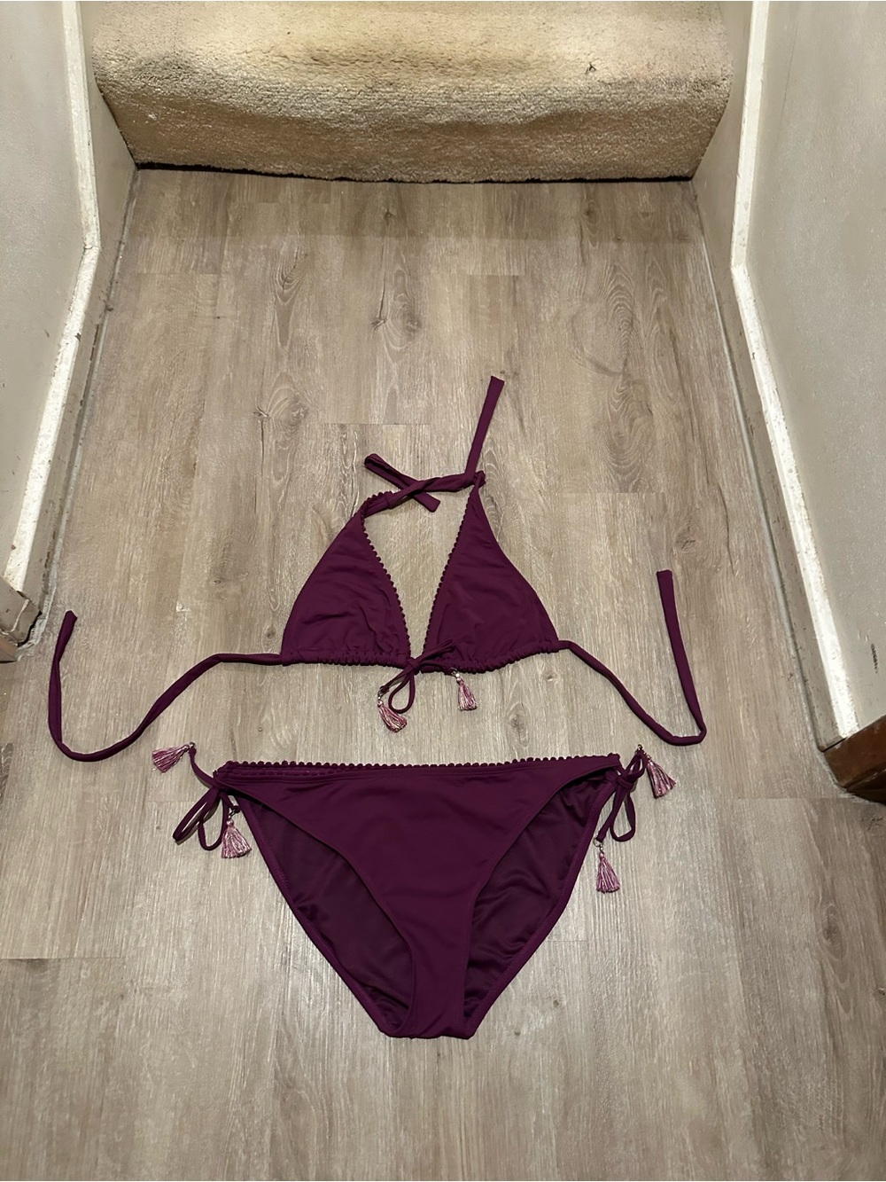 Plum Tie Triangle Bikini Set with Tassel Details